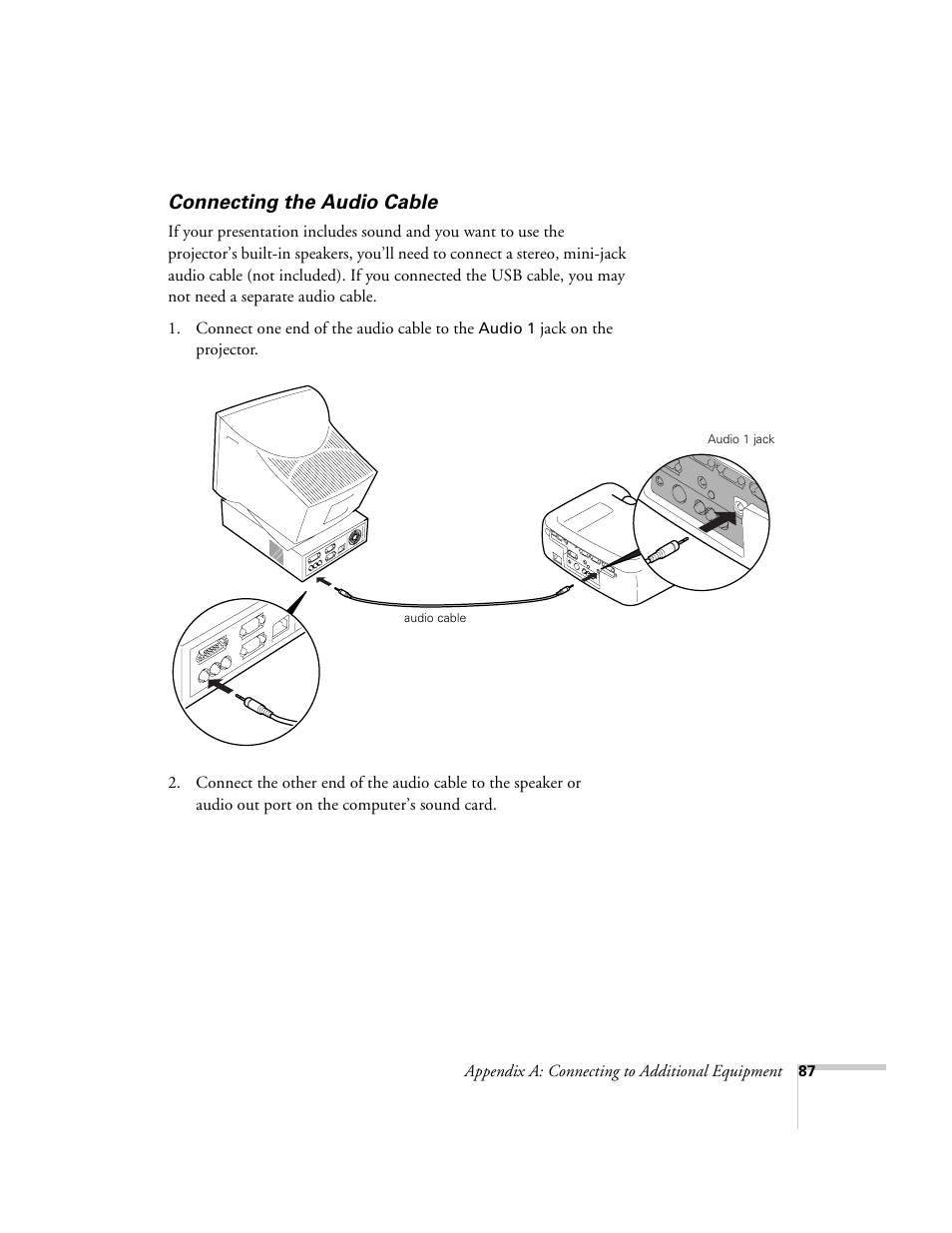 Connecting the audio cable | Epson 800p User Manual | Page 93 / 120