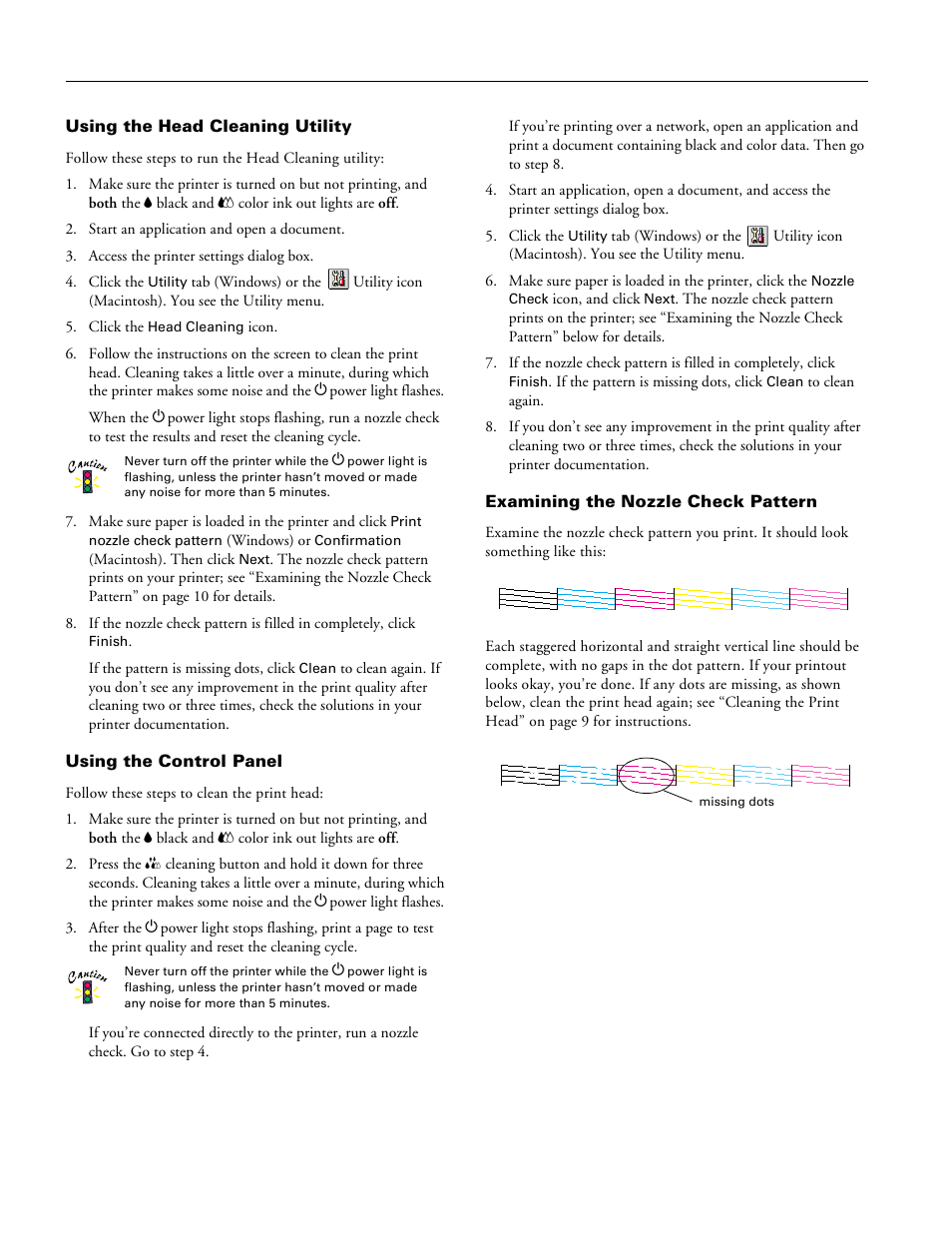 Using the head cleaning utility, Using the control panel, Examining the nozzle check pattern | Epson Stylus Photo 750 User Manual | Page 10 / 11