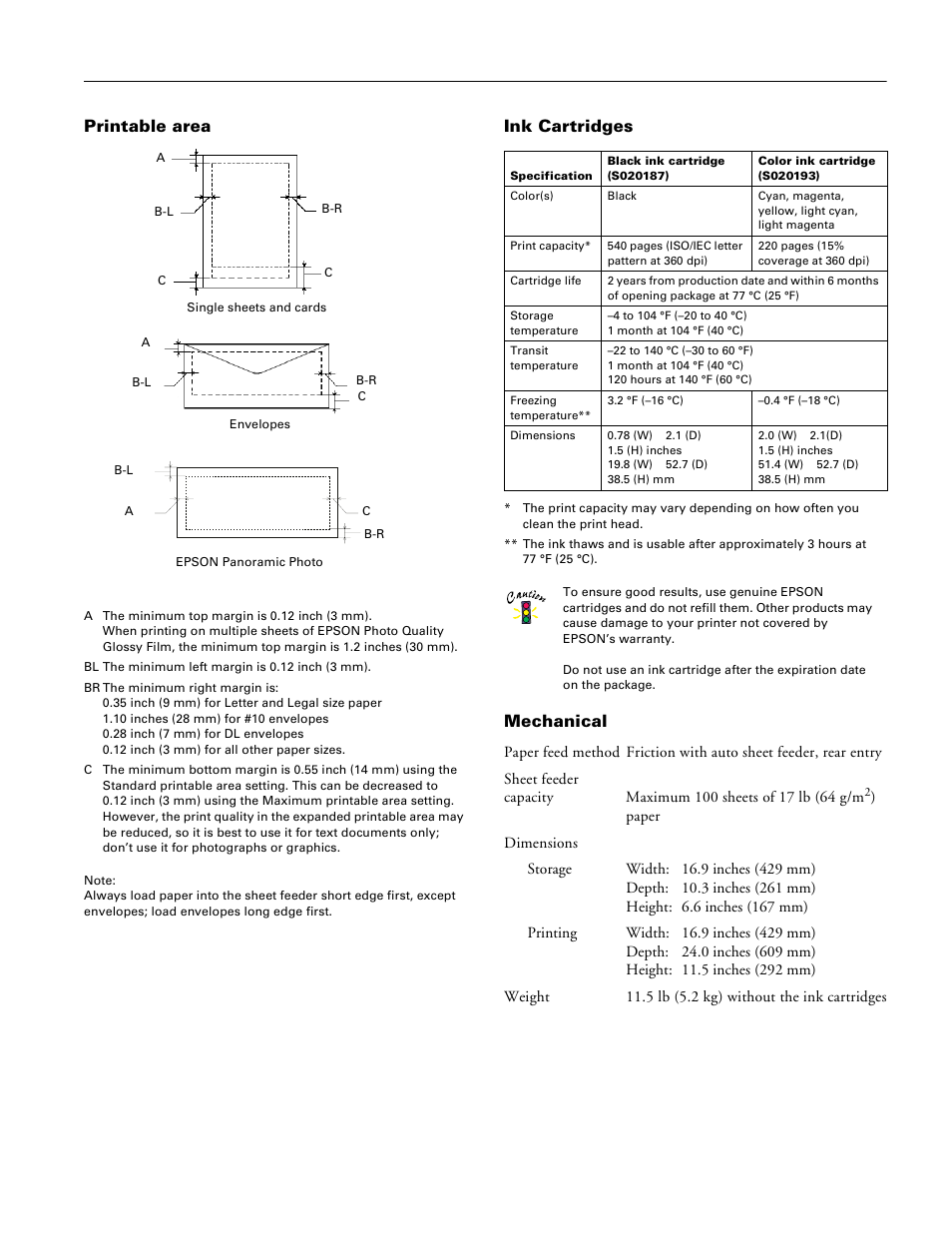 Printable area, Ink cartridges, Mechanical | Epson stylus photo 750 | Epson Stylus Photo 750 User Manual | Page 3 / 11