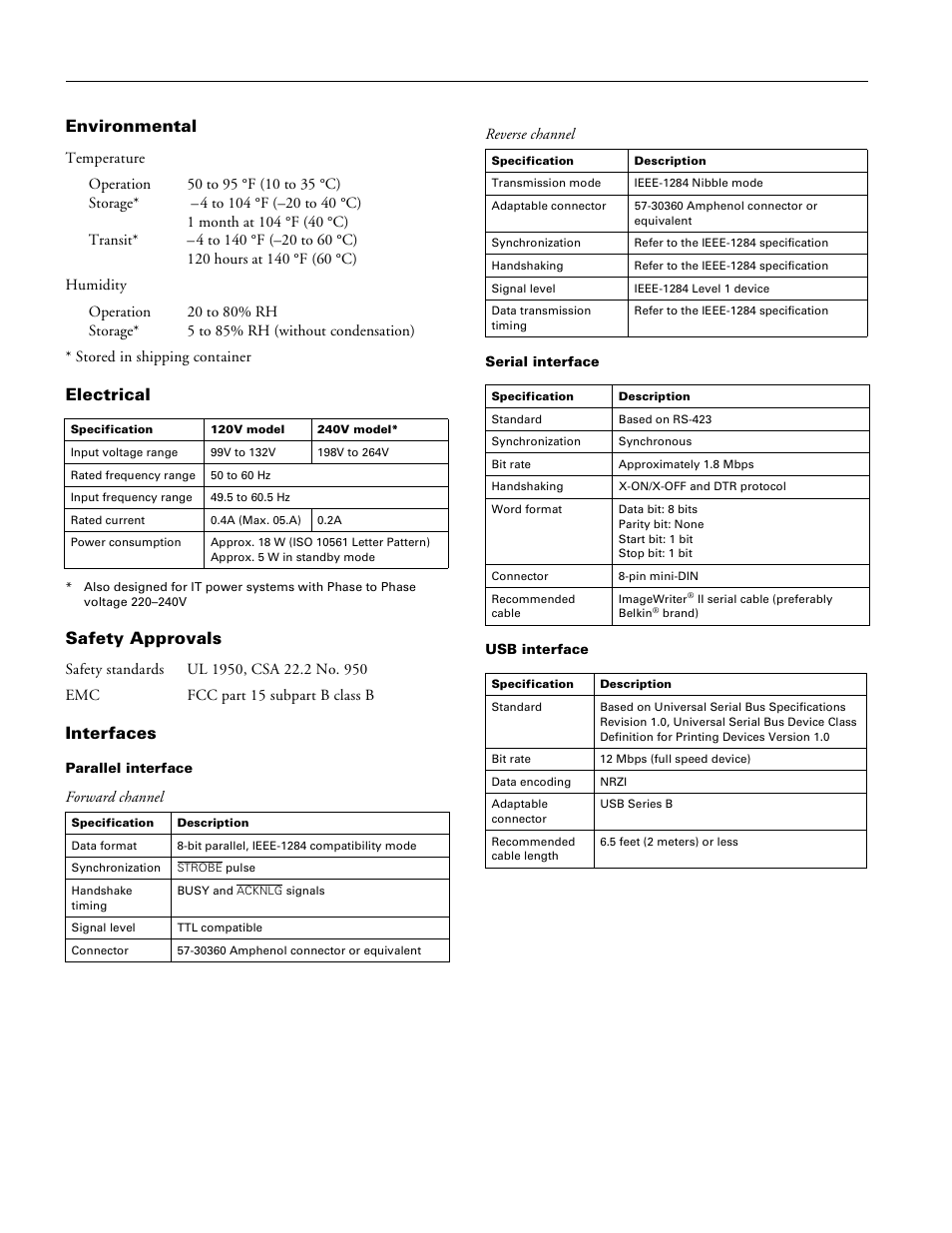 Environmental, Electrical, Safety approvals | Interfaces, Epson stylus photo 750 | Epson Stylus Photo 750 User Manual | Page 4 / 11