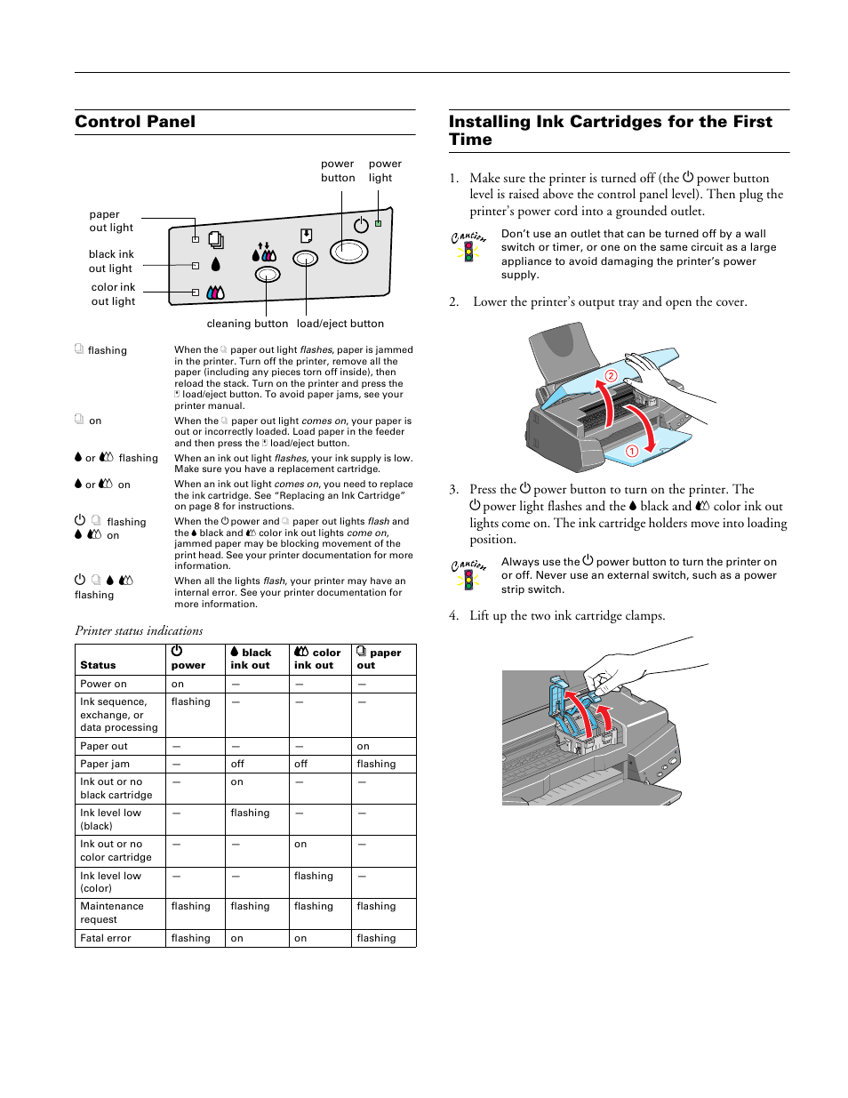 Control panel, Installing ink cartridges for the first time, Epson stylus photo 750 | Epson Stylus Photo 750 User Manual | Page 5 / 11