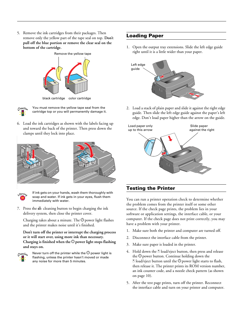 Loading paper, Testing the printer | Epson Stylus Photo 750 User Manual | Page 6 / 11