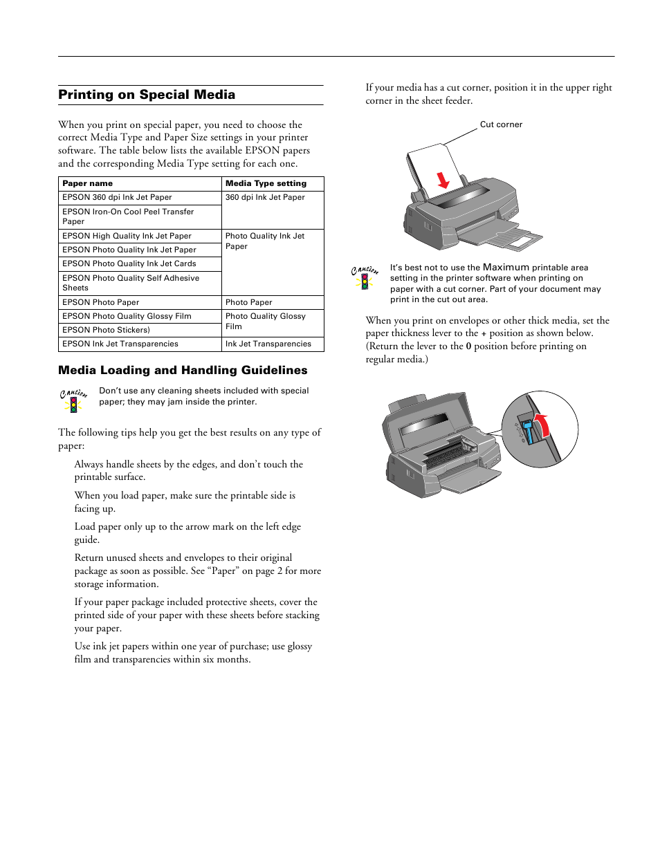 Printing on special media, Media loading and handling guidelines, Epson stylus photo 750 | Epson Stylus Photo 750 User Manual | Page 7 / 11