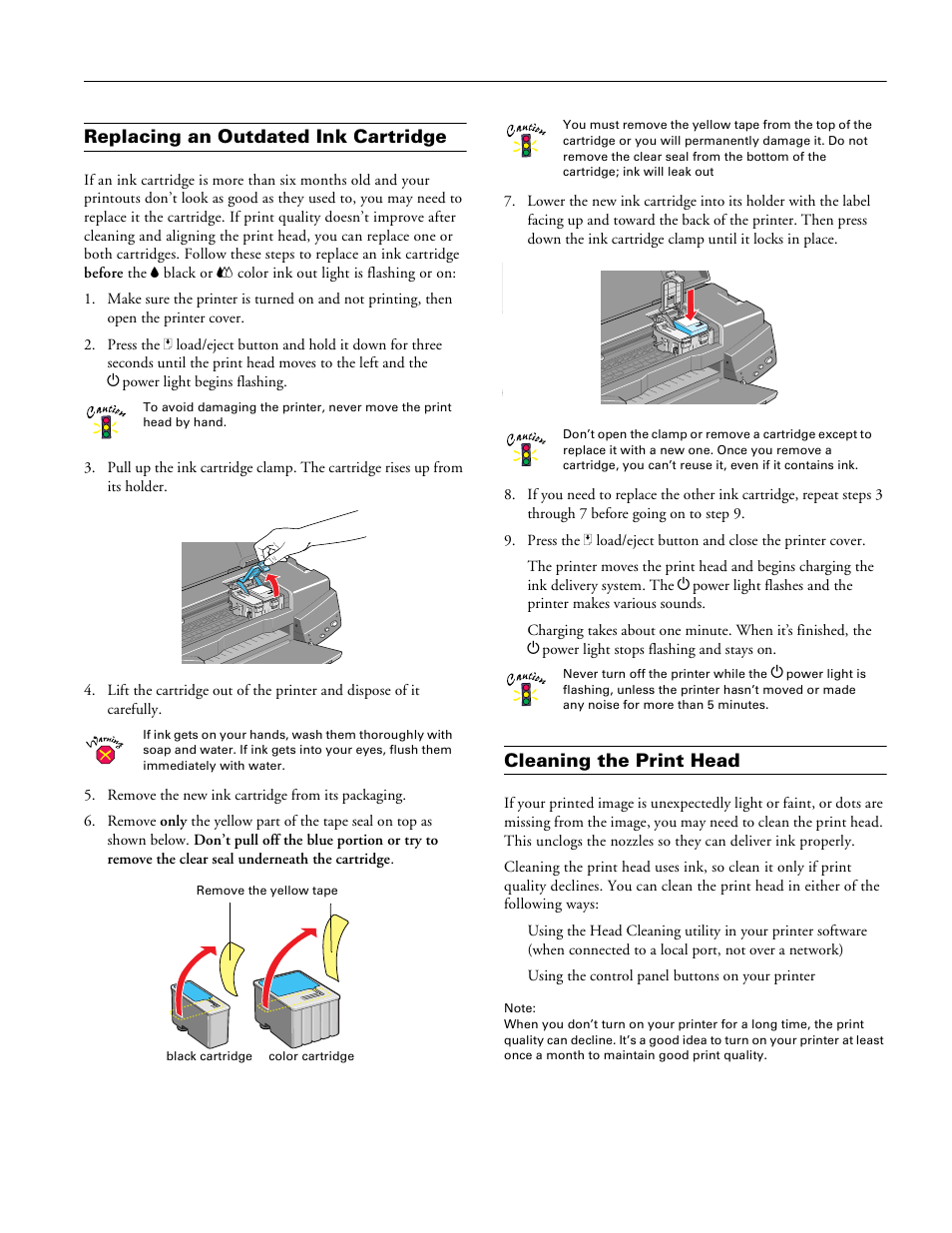 Replacing an outdated ink cartridge, Cleaning the print head | Epson Stylus Photo 750 User Manual | Page 9 / 11