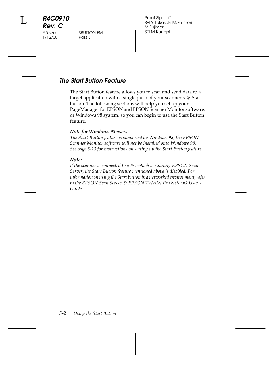 The start button feature, The start button feature -2 | Epson 1600 User Manual | Page 100 / 215