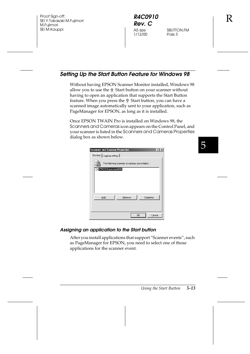 Setting up the start button feature for windows 98, Assigning an application to the start button | Epson 1600 User Manual | Page 111 / 215