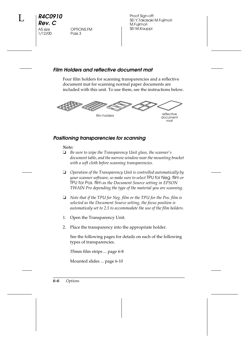 Film holders and reflective document mat, Positioning transparencies for scanning | Epson 1600 User Manual | Page 120 / 215