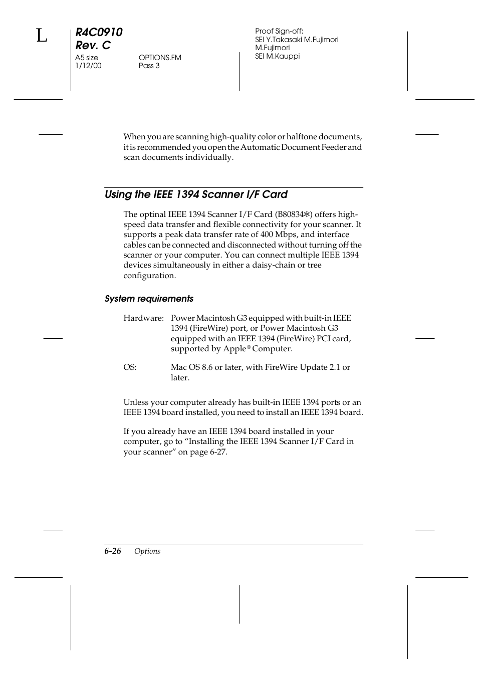 Using the ieee 1394 scanner i/f card, System requirements, Using the ieee 1394 scanner i/f card -26 | Epson 1600 User Manual | Page 140 / 215