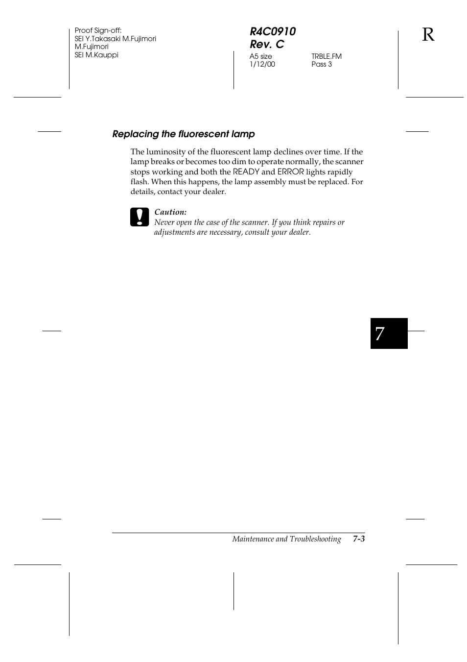 Replacing the fluorescent lamp, Replacing the fluorescent lamp -3 | Epson 1600 User Manual | Page 149 / 215