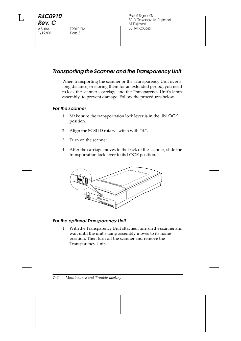 Transporting the scanner and the transparency unit, For the scanner, For the optional transparency unit | Epson 1600 User Manual | Page 150 / 215