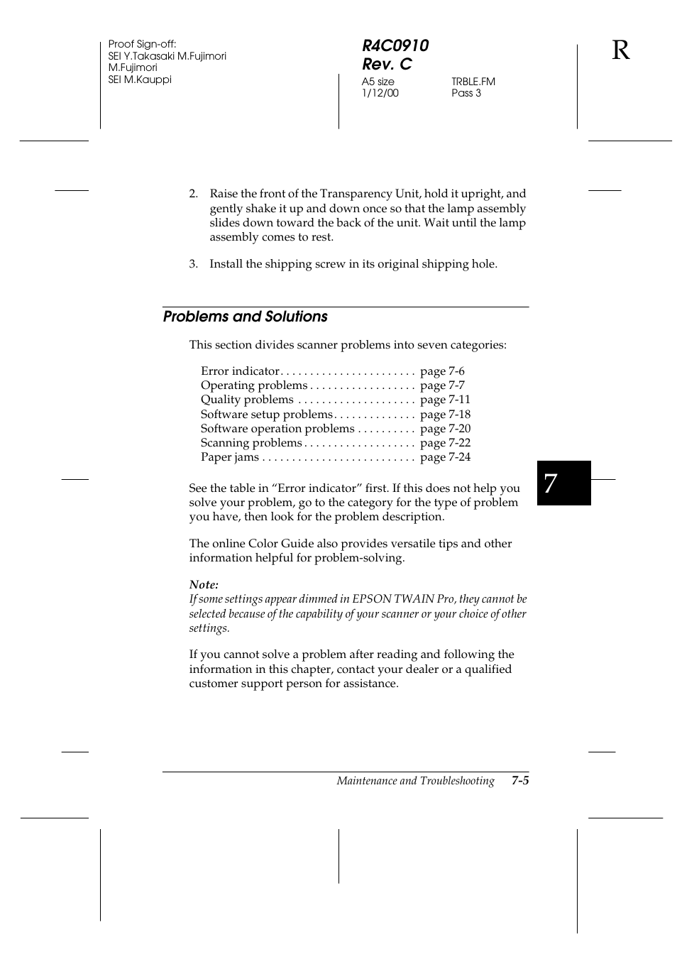 Problems and solutions, Problems and solutions -5 | Epson 1600 User Manual | Page 151 / 215