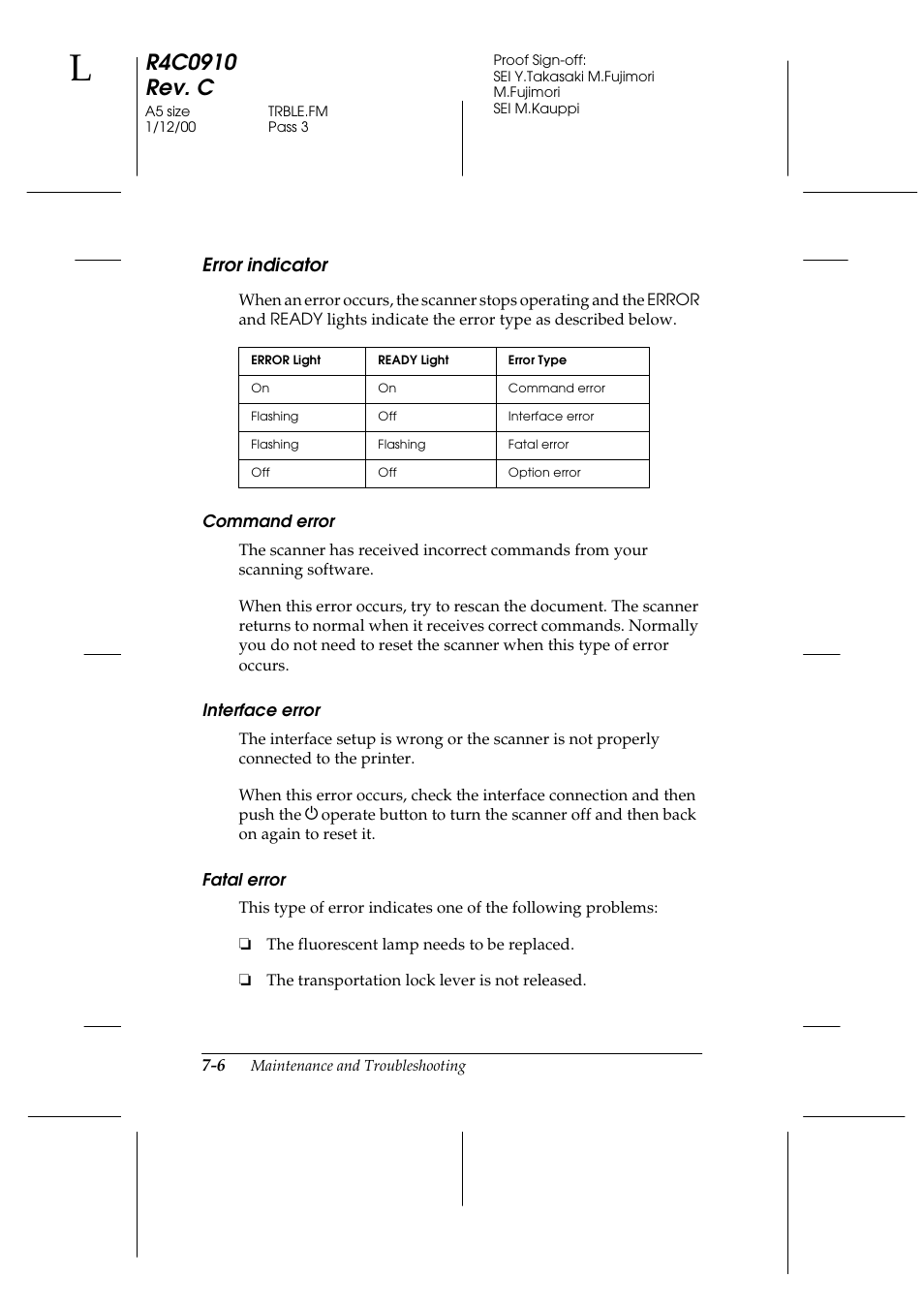 Error indicator, Command error, Interface error | Fatal error, Error indicator -6 | Epson 1600 User Manual | Page 152 / 215