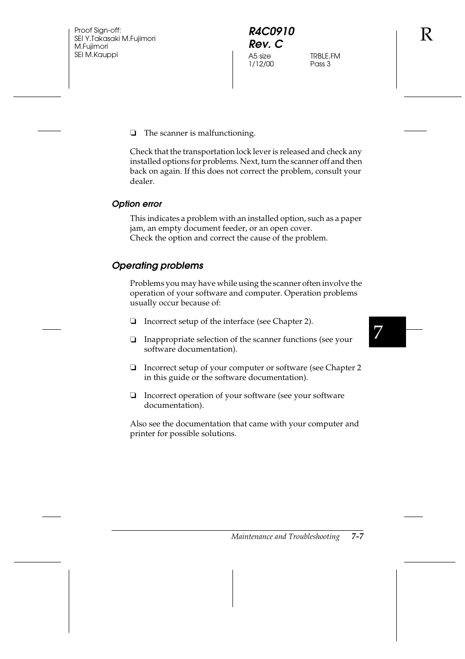 Option error, Operating problems, Operating problems -7 | Epson 1600 User Manual | Page 153 / 215