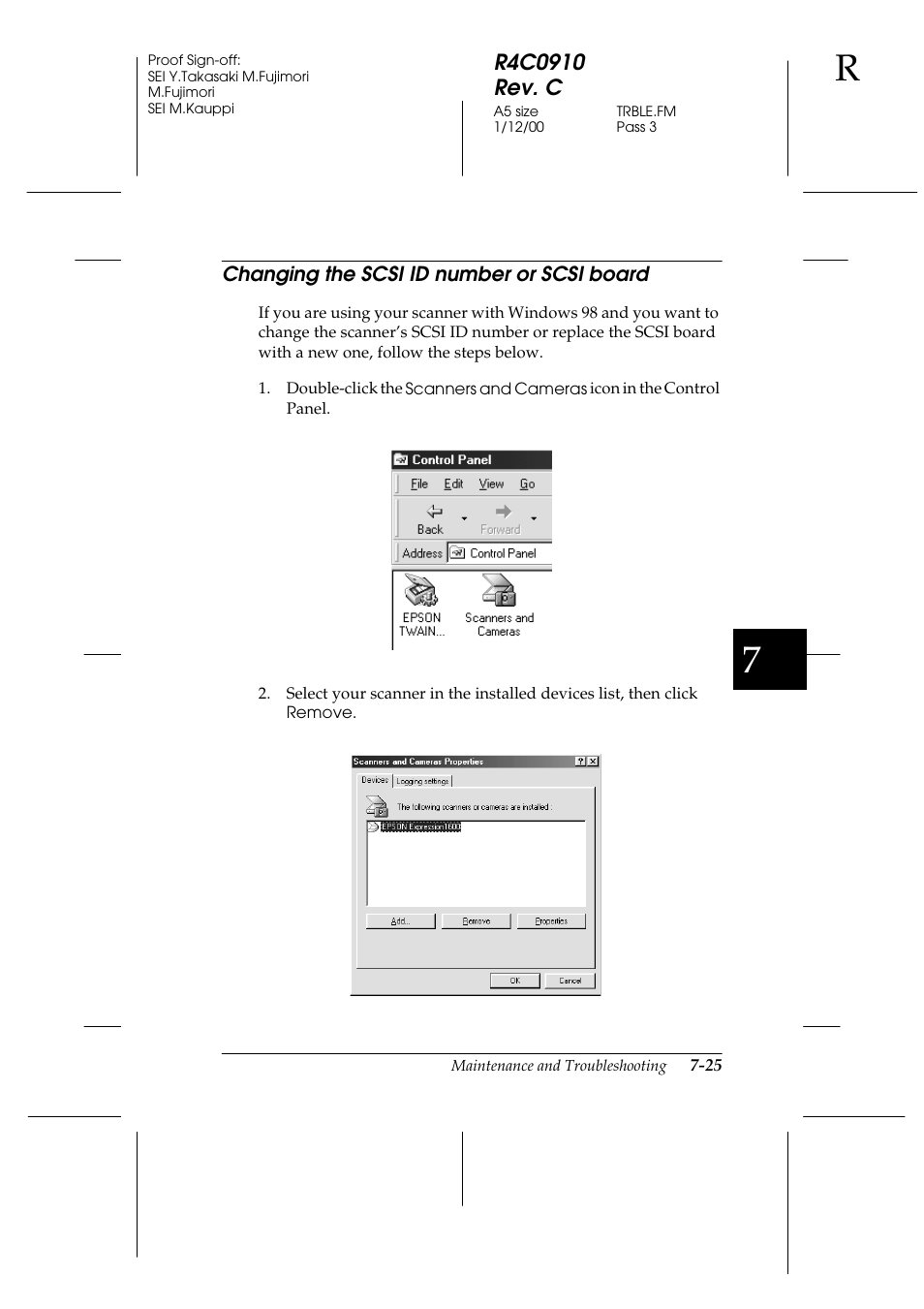 Changing the scsi id number or scsi board, Changing the scsi id number or scsi board -25 | Epson 1600 User Manual | Page 171 / 215