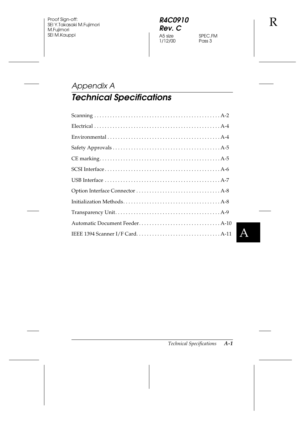 A. technical specifications, Appendix a, Technical specifications | Epson 1600 User Manual | Page 181 / 215