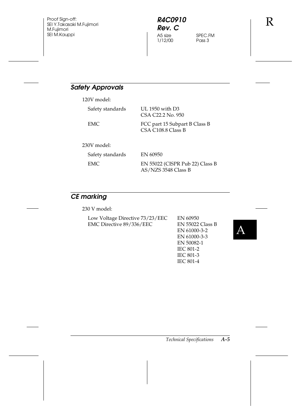 Safety approvals, Ce marking | Epson 1600 User Manual | Page 185 / 215