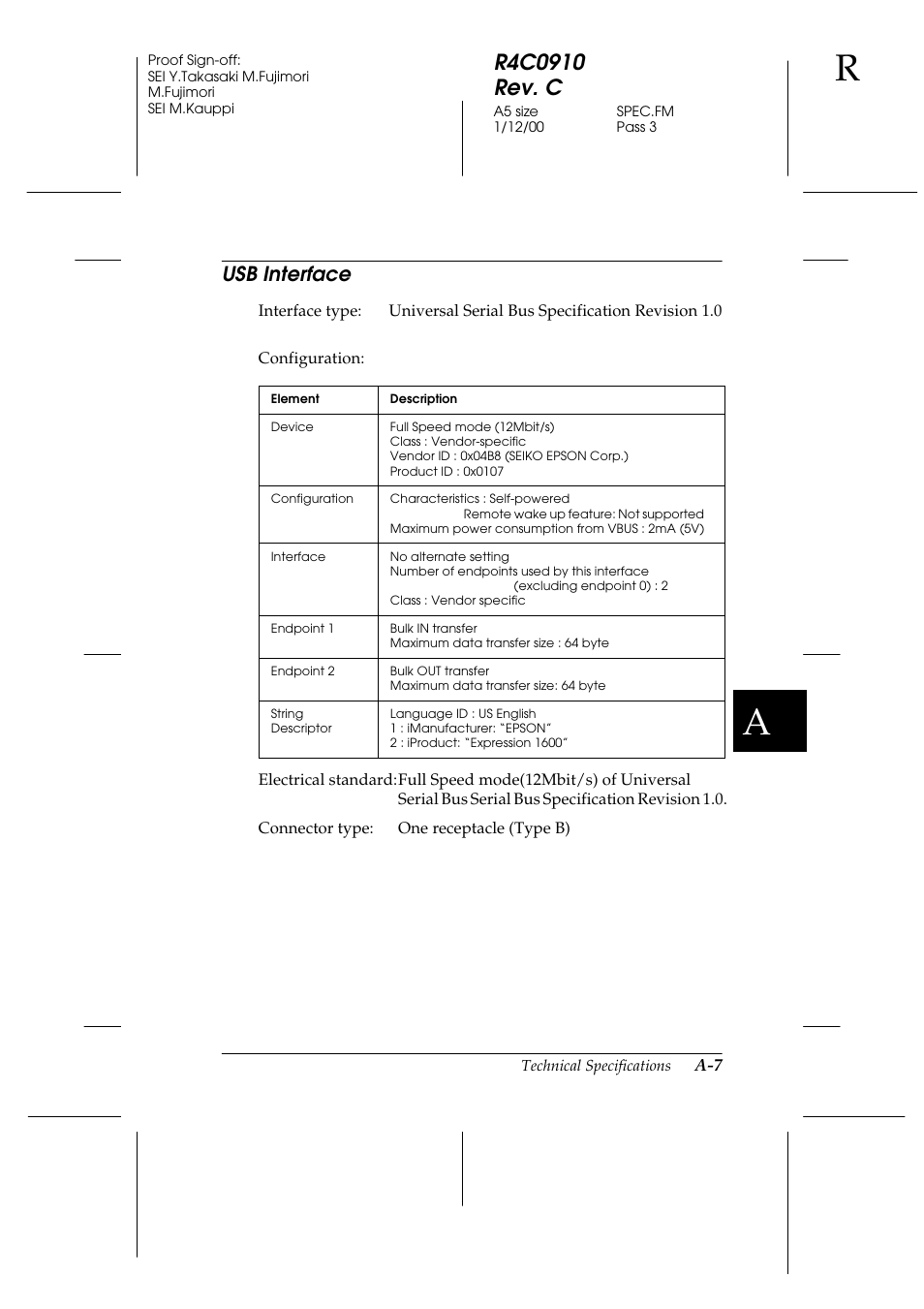 Usb interface | Epson 1600 User Manual | Page 187 / 215