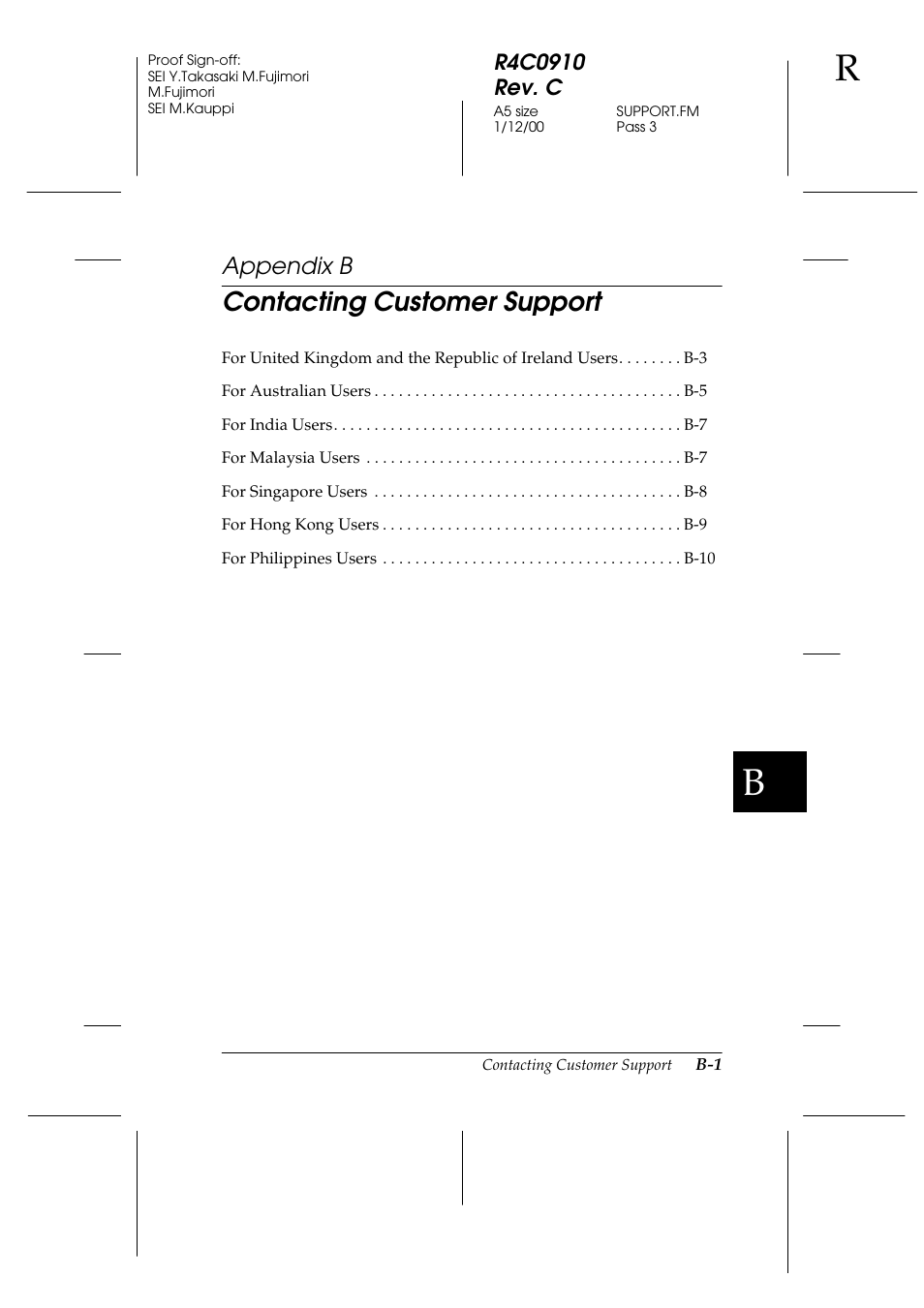 B. contacting customer support, Appendix b, Contacting customer support | Epson 1600 User Manual | Page 193 / 215