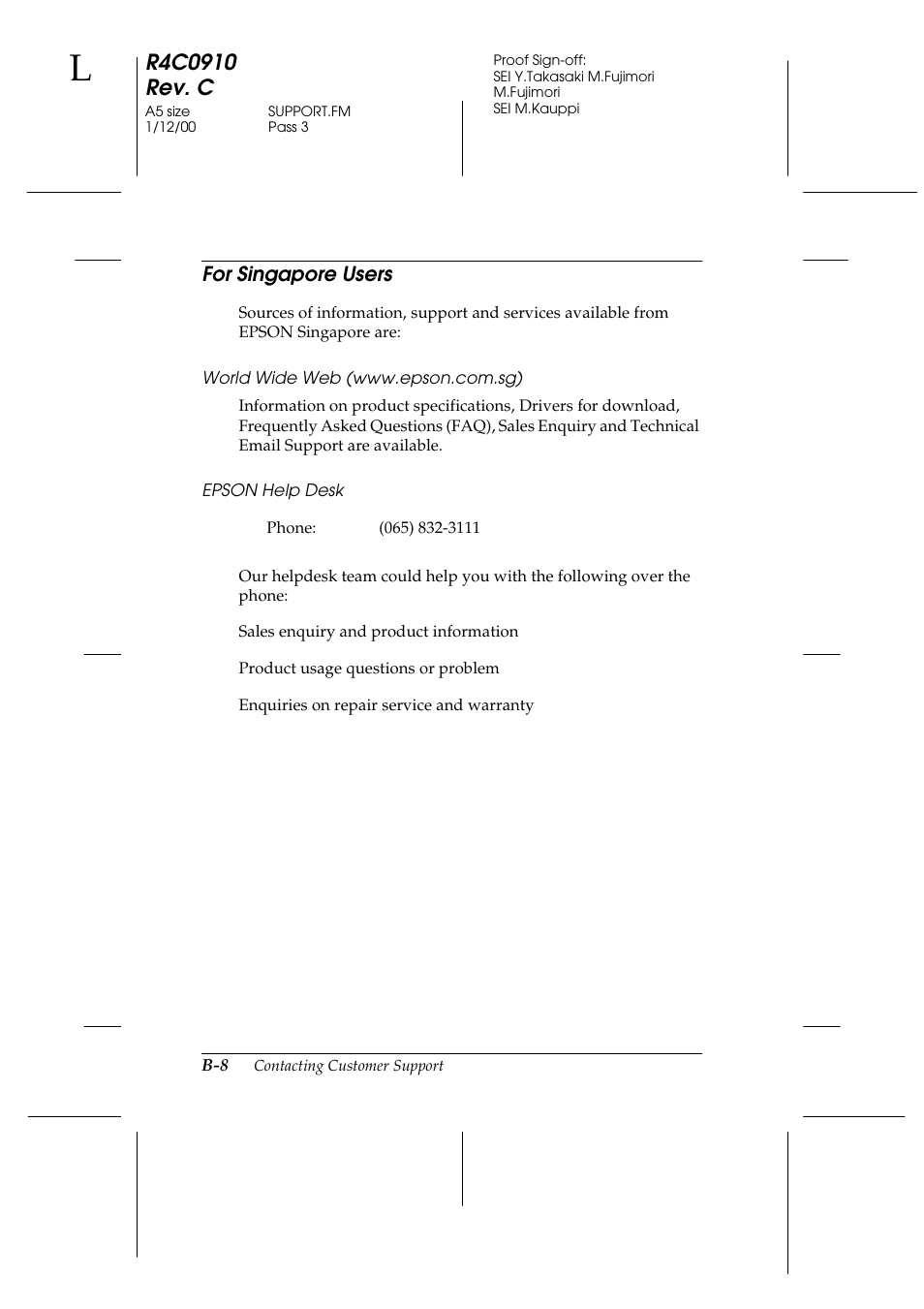 For singapore users | Epson 1600 User Manual | Page 200 / 215