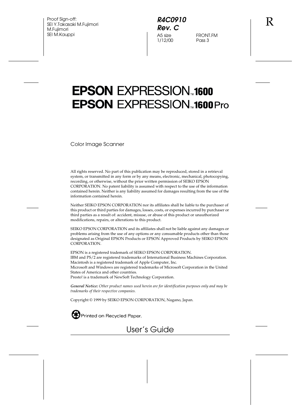 Copyright, User’s guide | Epson 1600 User Manual | Page 3 / 215