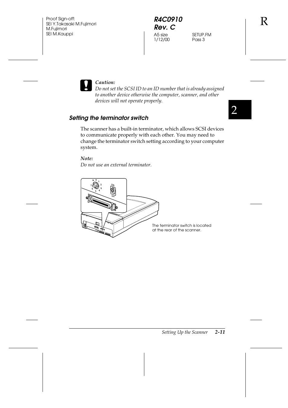 Setting the terminator switch, Setting the terminator switch -11 | Epson 1600 User Manual | Page 35 / 215