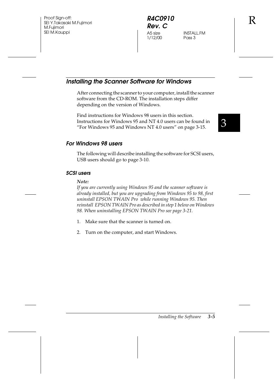 Installing the scanner software for windows, For windows 98 users, Scsi users | Installing the scanner software for windows -5, For windows 98 users -5 | Epson 1600 User Manual | Page 49 / 215