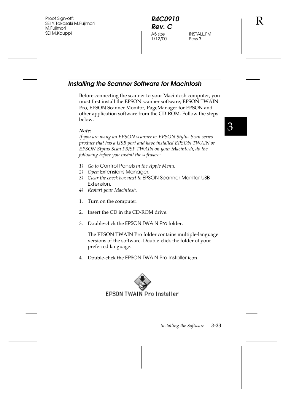 Installing the scanner software for macintosh, Installing the scanner software for macintosh -23 | Epson 1600 User Manual | Page 67 / 215