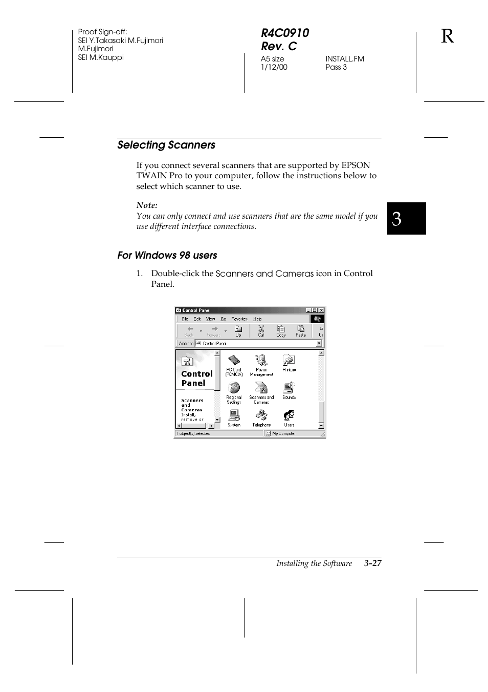 Selecting scanners, For windows 98 users, Selecting scanners -27 | For windows 98 users -27 | Epson 1600 User Manual | Page 71 / 215