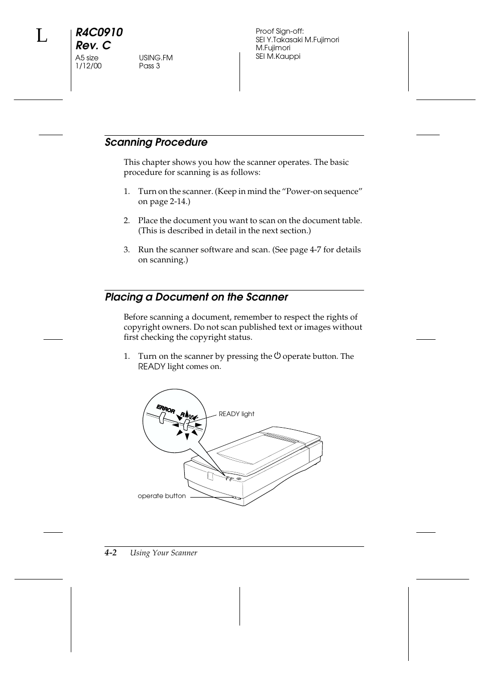 Scanning procedure, Placing a document on the scanner, Scanning procedure -2 | Placing a document on the scanner -2 | Epson 1600 User Manual | Page 76 / 215