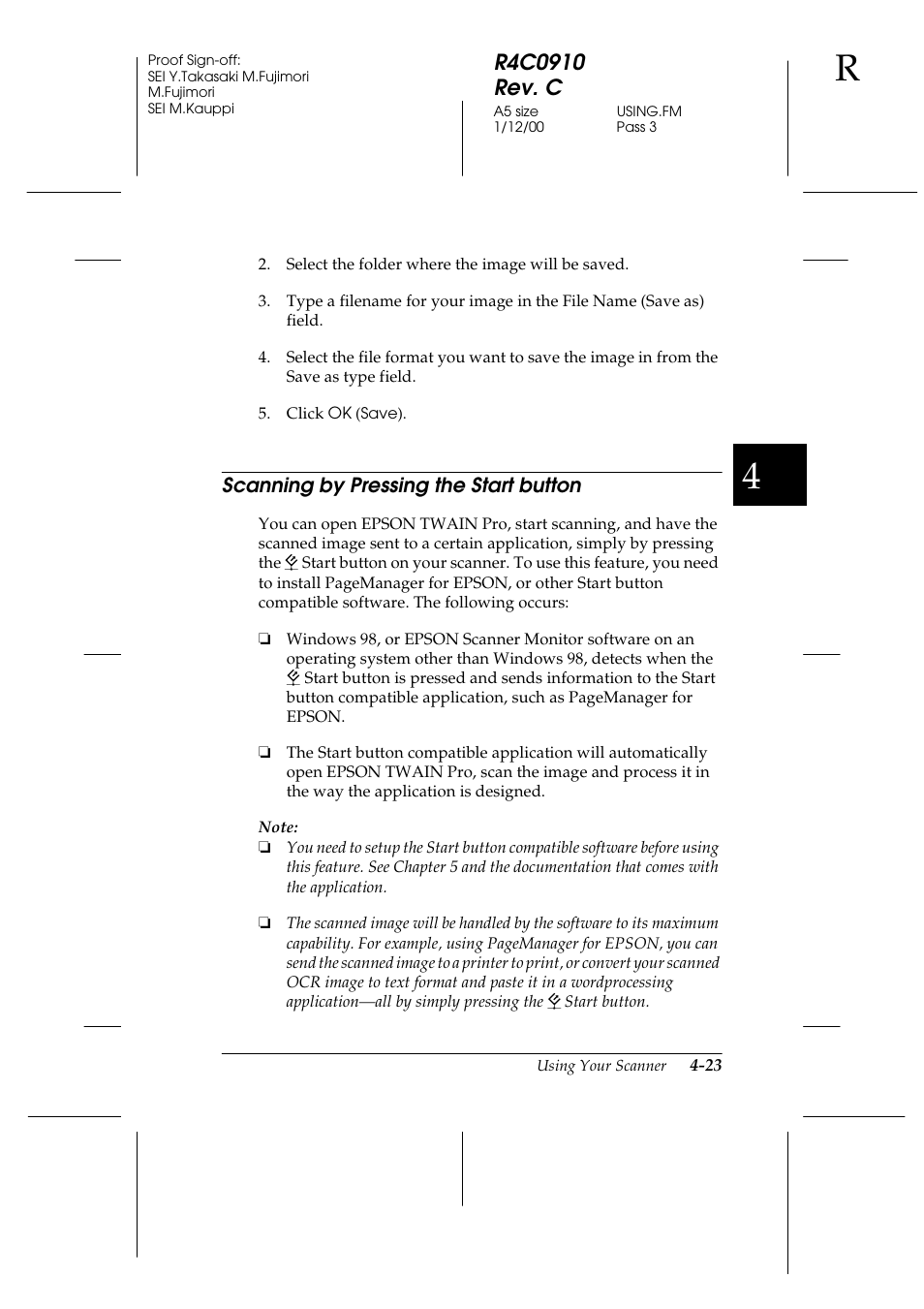 Scanning by pressing the start button, Scanning by pressing the start button -23 | Epson 1600 User Manual | Page 97 / 215