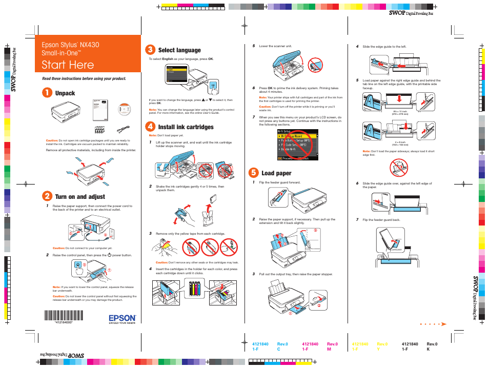 Load paper, Start here, Epson stylus | Nx430 small-in-one, Unpack, Turn on and adjust, Select language, Install ink cartridges | Epson SMALL-IN-ONE NX430 User Manual | Page 2 / 4