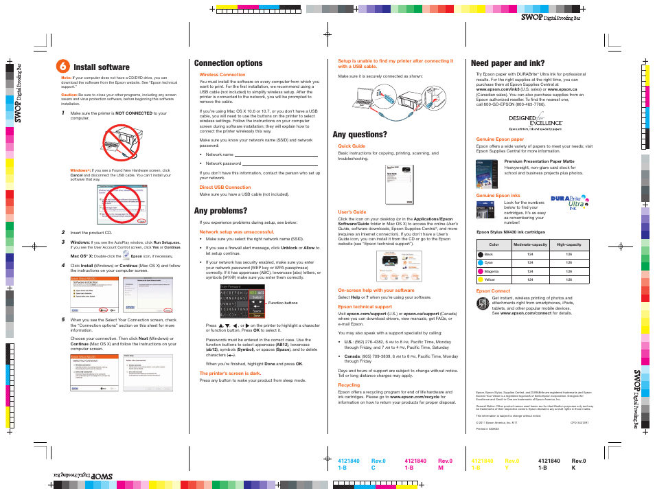 Install software, Connection options, Any problems | Need paper and ink, Any questions | Epson SMALL-IN-ONE NX430 User Manual | Page 3 / 4