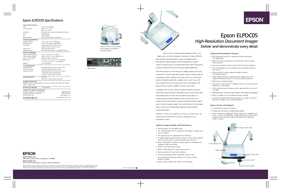 Epson elpdc05, Epson, High-resolution document imager | Deliver and demonstrate every detail, Epson elpdc05 specifications | Epson ELPDC05 User Manual | Page 2 / 2