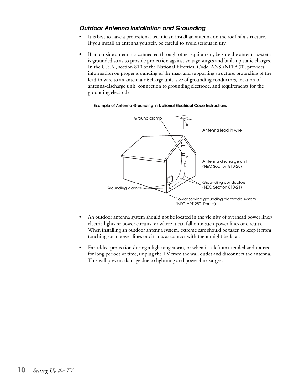 Outdoor antenna installation and grounding | Epson LS47P2 User Manual | Page 10 / 136