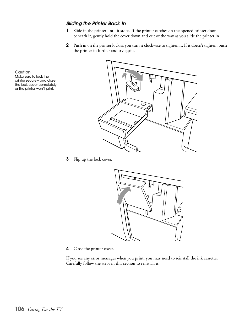 Sliding the printer back in | Epson LS47P2 User Manual | Page 106 / 136