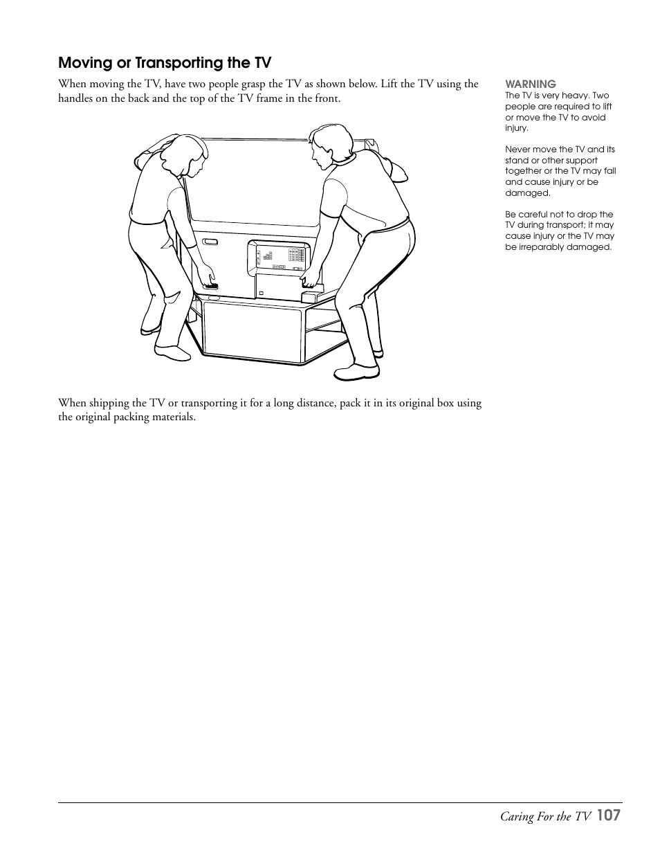 Moving or transporting the tv, 107 moving or transporting the tv | Epson LS47P2 User Manual | Page 107 / 136