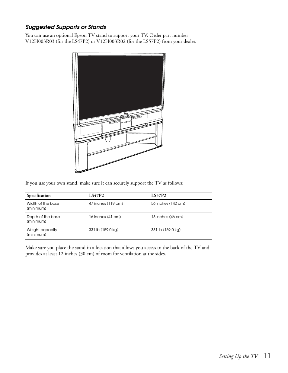 Suggested supports or stands, Setting up the tv | Epson LS47P2 User Manual | Page 11 / 136