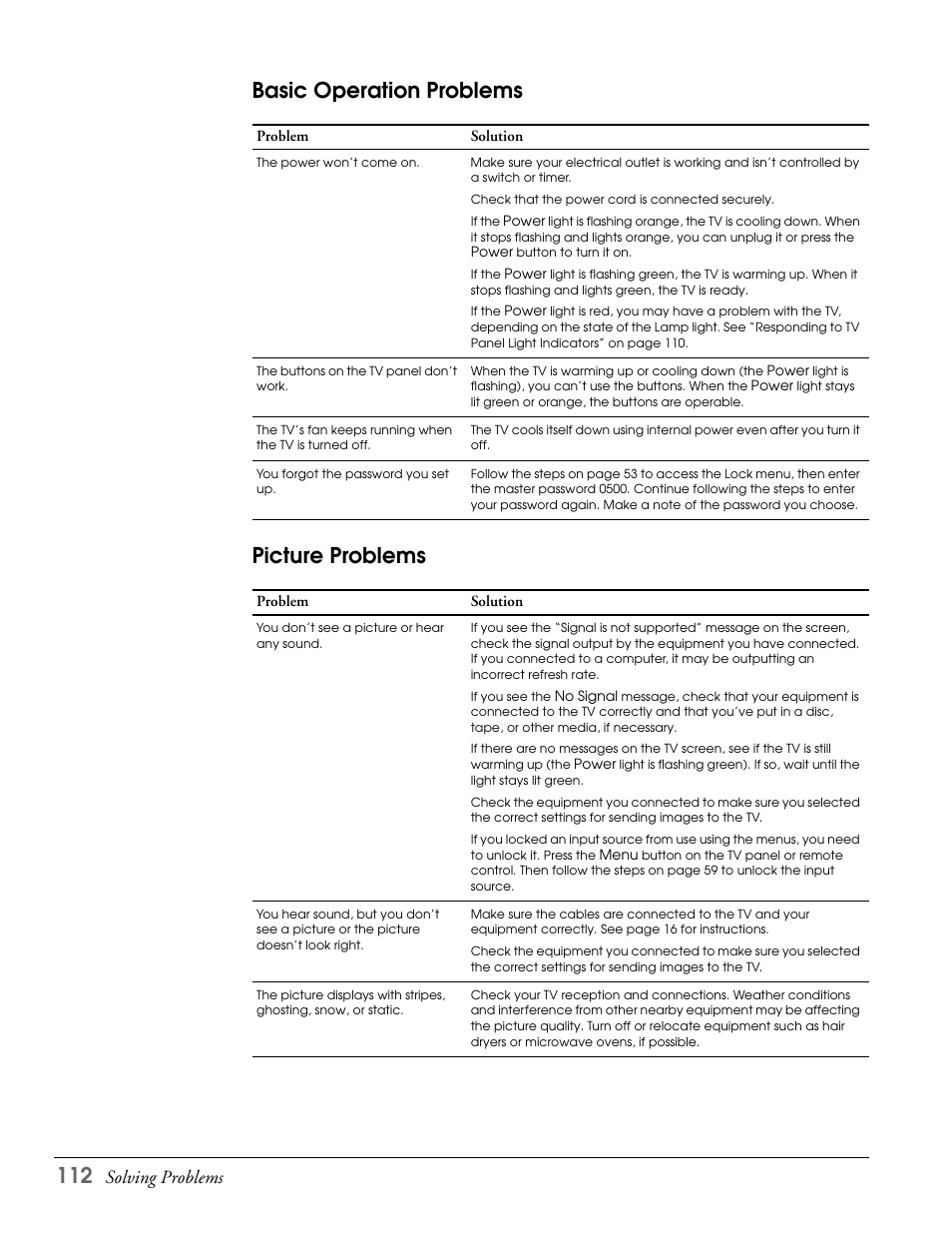 Basic operation problems, Picture problems, Basic operation problems picture problems | Solving problems | Epson LS47P2 User Manual | Page 112 / 136