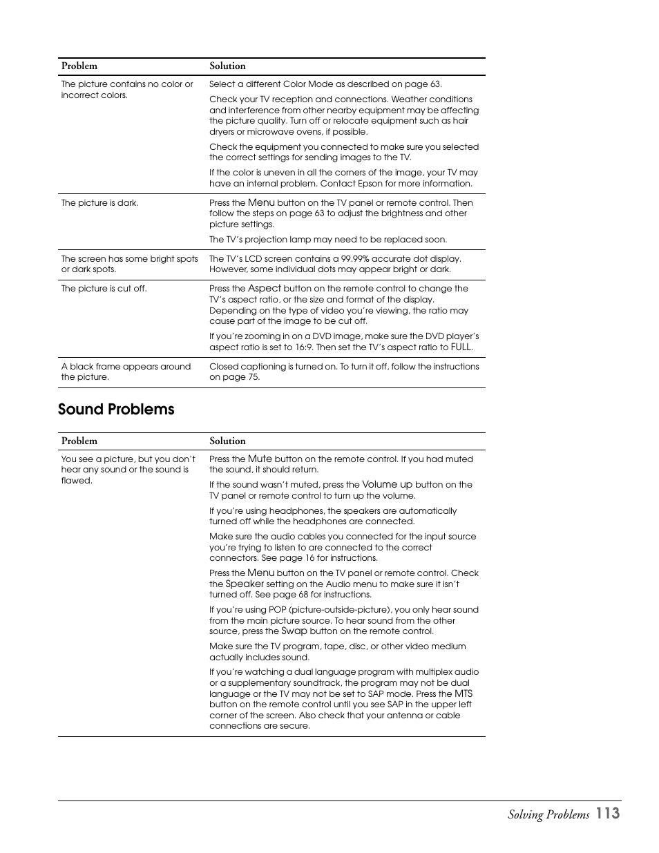 Sound problems, 113 sound problems, Solving problems | Epson LS47P2 User Manual | Page 113 / 136