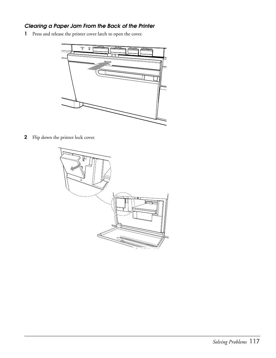 Clearing a paper jam from the back of the printer | Epson LS47P2 User Manual | Page 117 / 136