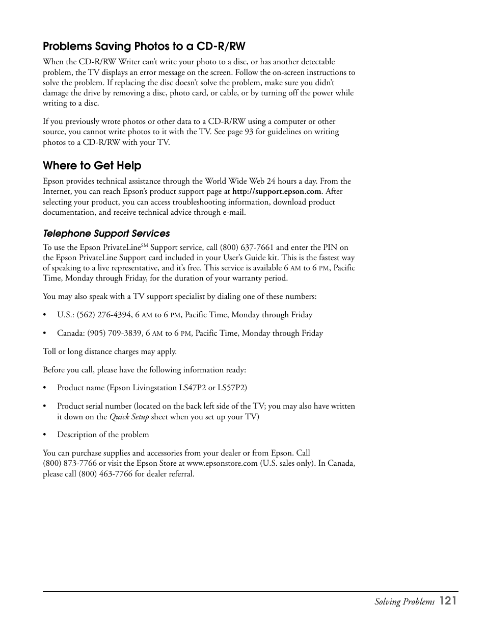 Problems saving photos to a cd-r/rw, Where to get help, Telephone support services | 121 problems saving photos to a cd-r/rw | Epson LS47P2 User Manual | Page 121 / 136