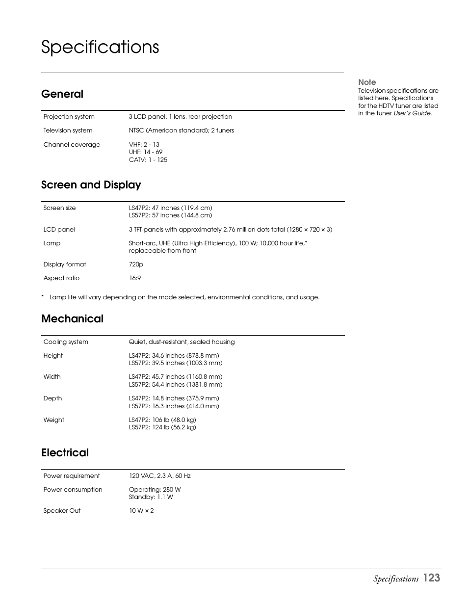 Specifications, General, Screen and display | Mechanical, Electrical, General screen and display mechanical electrical, General screen and display, Mechanical electrical | Epson LS47P2 User Manual | Page 123 / 136