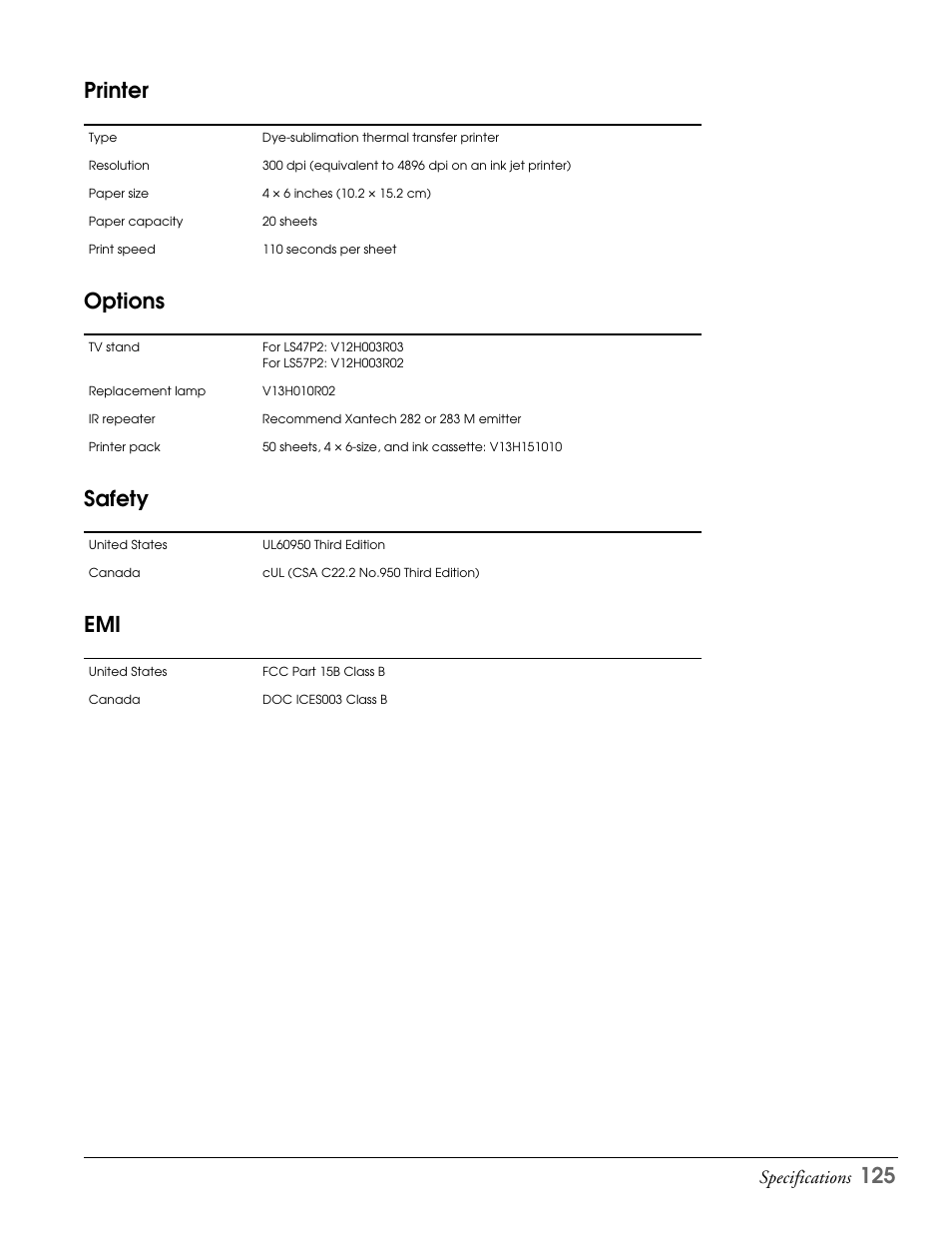 Printer, Options, Safety | Printer options safety emi, 125 printer options safety emi, Specifications | Epson LS47P2 User Manual | Page 125 / 136