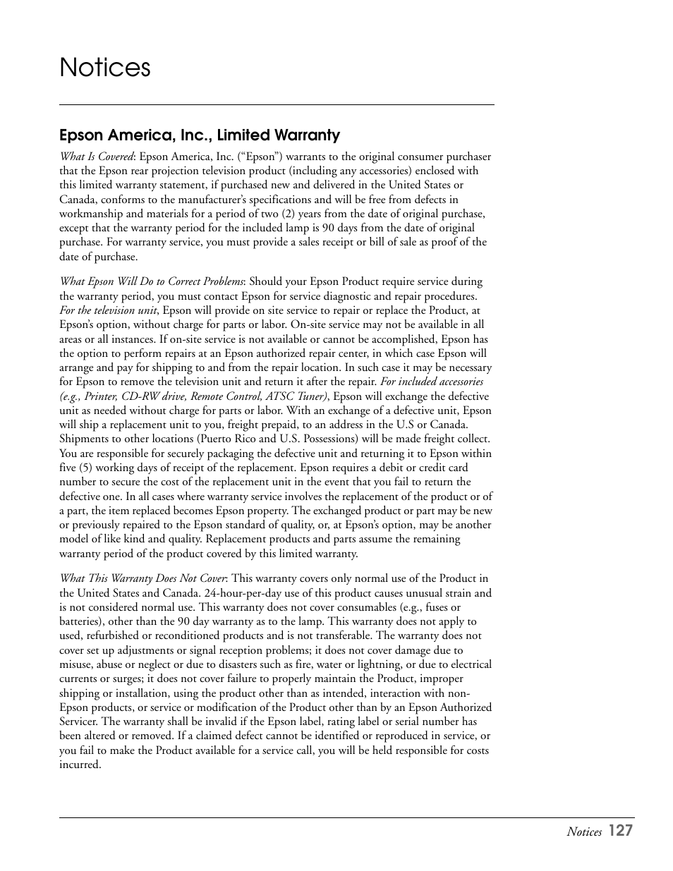 Notices, Epson america, inc., limited warranty | Epson LS47P2 User Manual | Page 127 / 136