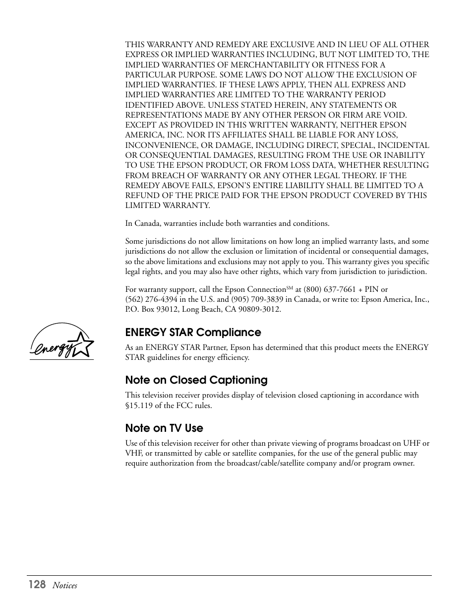 Energy star compliance, Note on closed captioning, Note on tv use | Epson LS47P2 User Manual | Page 128 / 136