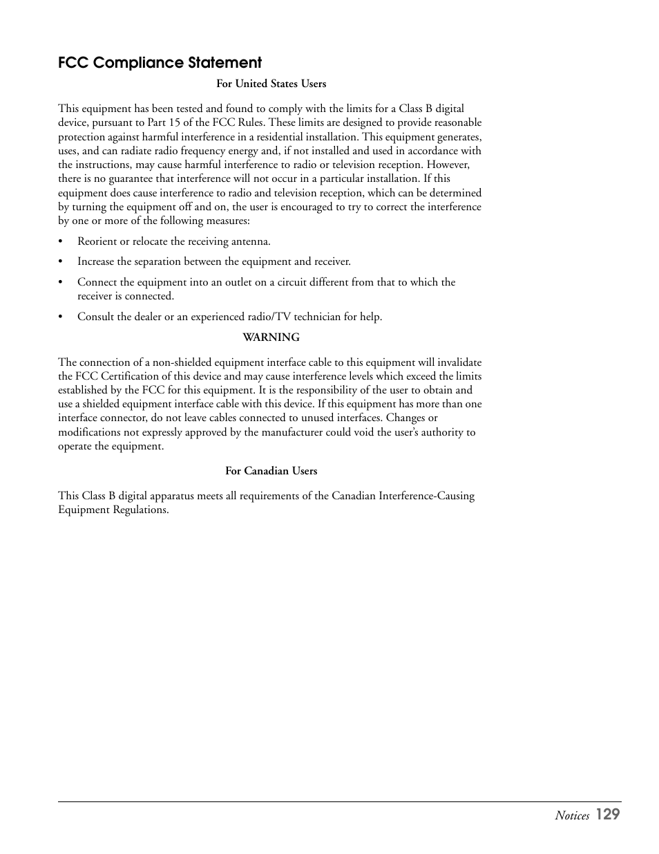 Fcc compliance statement, 129 fcc compliance statement | Epson LS47P2 User Manual | Page 129 / 136