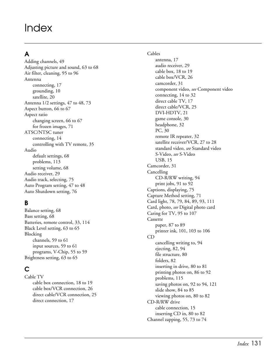 Index | Epson LS47P2 User Manual | Page 131 / 136