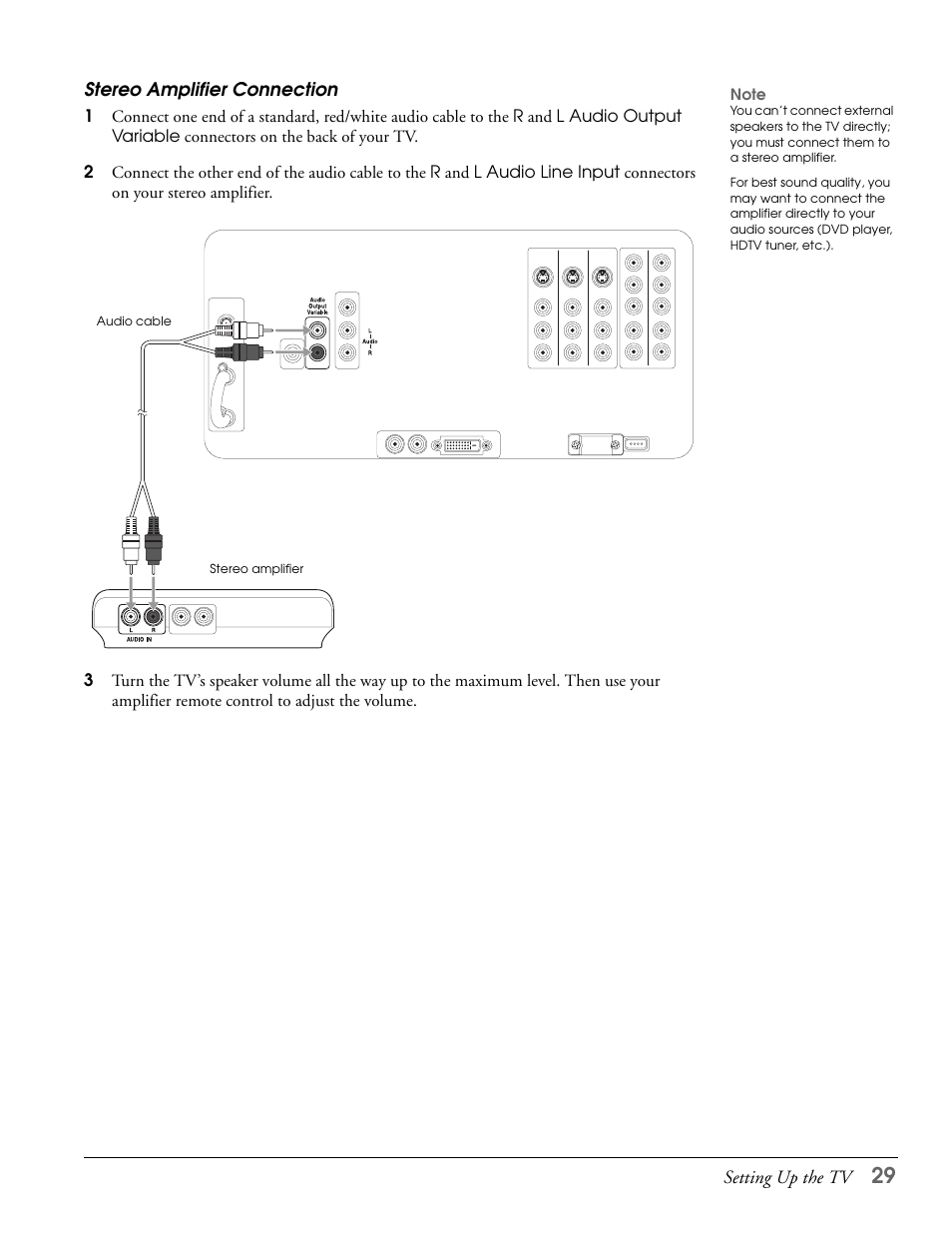 Stereo amplifier connection | Epson LS47P2 User Manual | Page 29 / 136