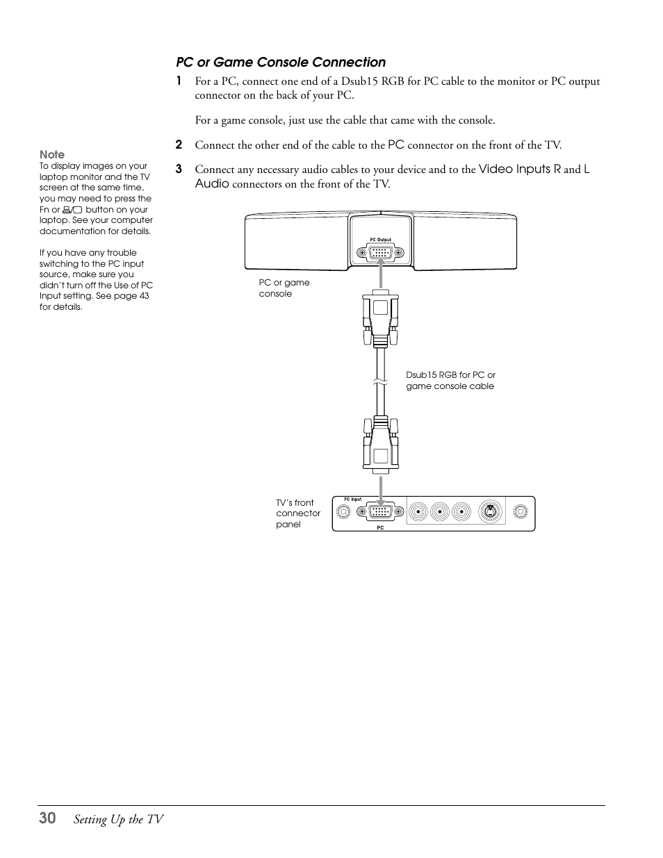 Pc or game console connection | Epson LS47P2 User Manual | Page 30 / 136
