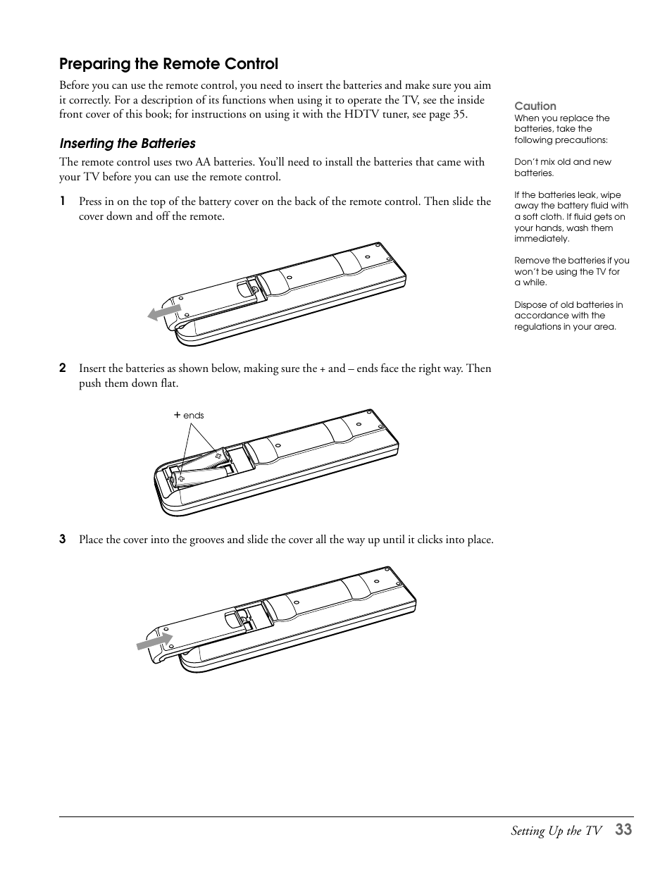 Preparing the remote control, Inserting the batteries, 33 preparing the remote control | Epson LS47P2 User Manual | Page 33 / 136
